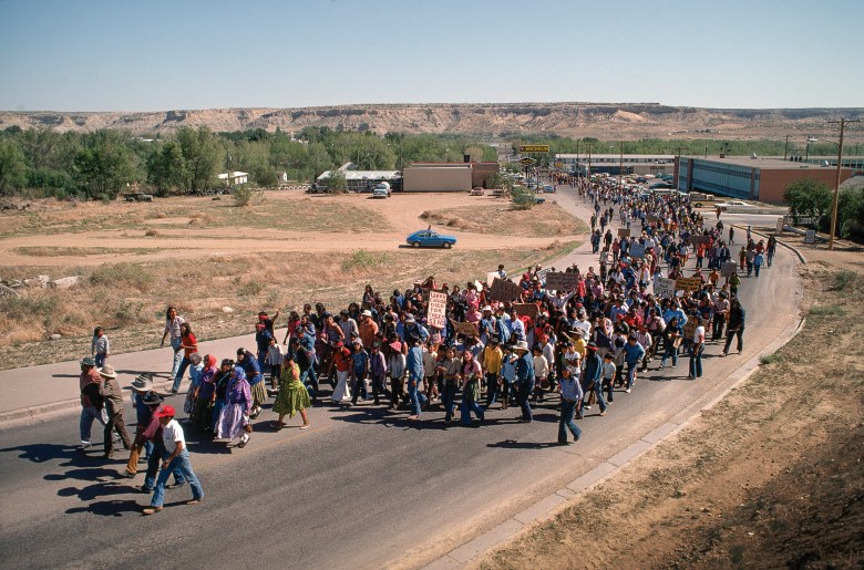 Diné community members march through Farmington, New Mexico, following the murders of three men in 1974.