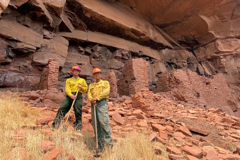 Michael Terlep and Jason Nez at the Honanki Ruins Heritage Site near Sedona, Arizona. The archaeologists were assessing the risk of wildfire and potential impacts if it reached the site.