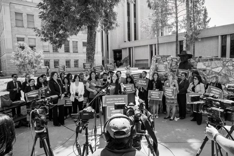 Former state Rep. Athena Salman, the director of Arizona Campaigns for Reproductive Freedom for All, addresses the press and supporters after the Arizona Senate repealed the state’s 1864 abortion ban in May. Access to abortion is one of the key issues in the state election.