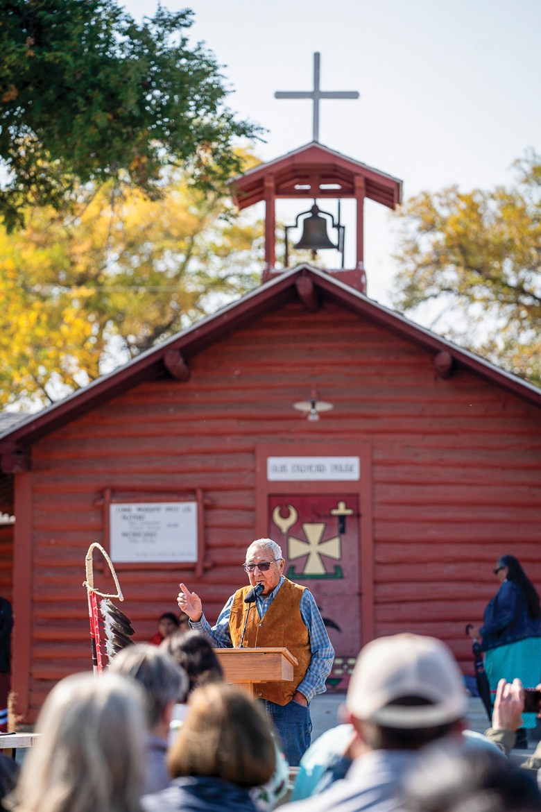 Tribal Elder William C’Hair gives a prayer and history about the cultural items and the church. “Our people are connected to our artifacts,” said C’Hair.