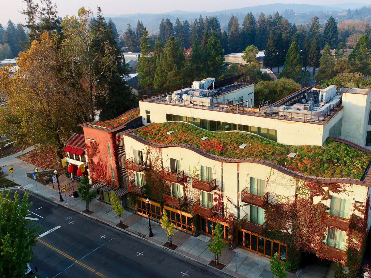 The living roof of the H2 Hotel in Healdsburg, California, both cools the building and mitigates rainwater runoff.