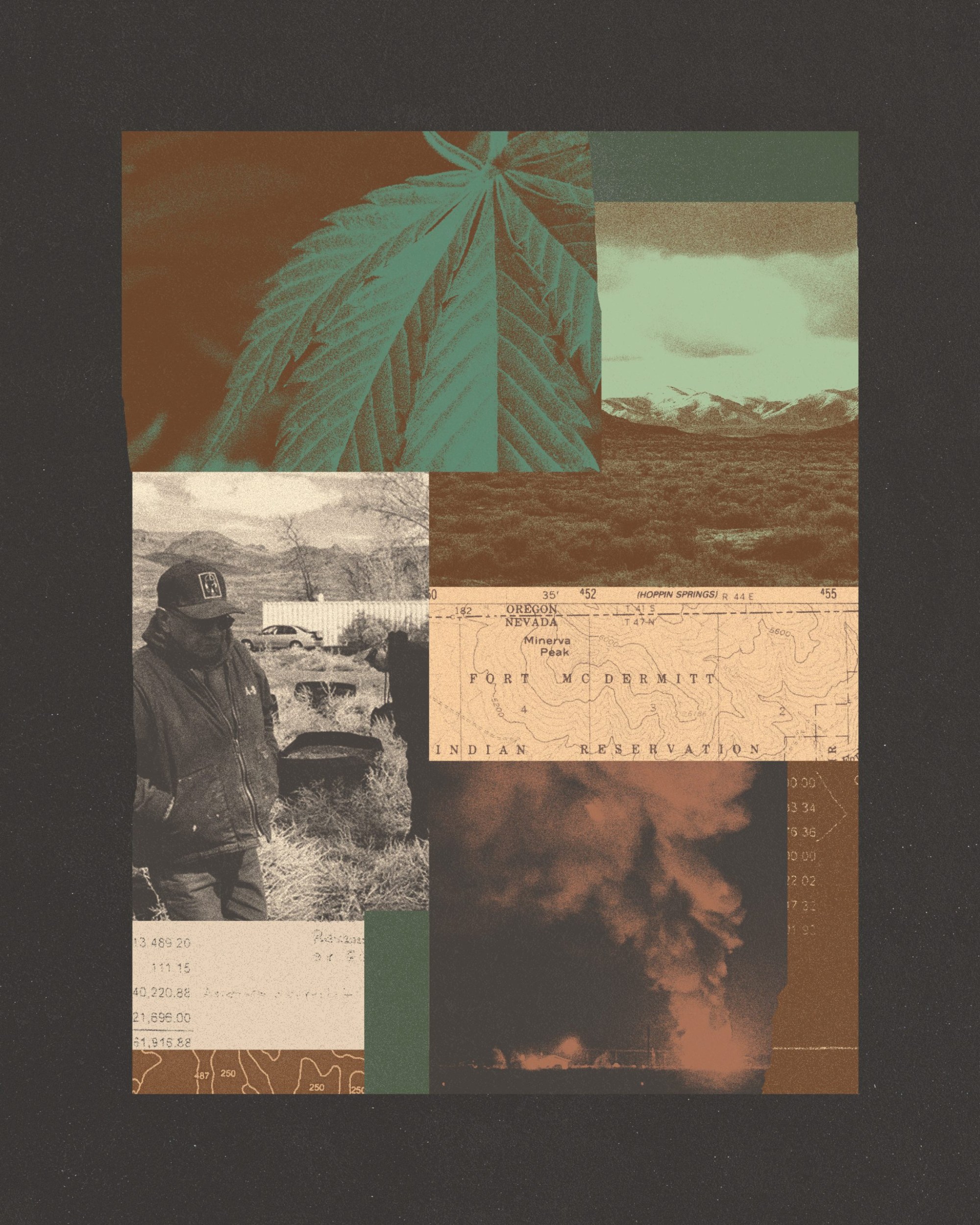 Tribal elders and landscape (Aaron Nesheim); cannabis leaf (Roberto (Bear) Guerra); Travel Plaza fire (Jerry Tom); maps (USGS and Flickr); documents from author’s research.