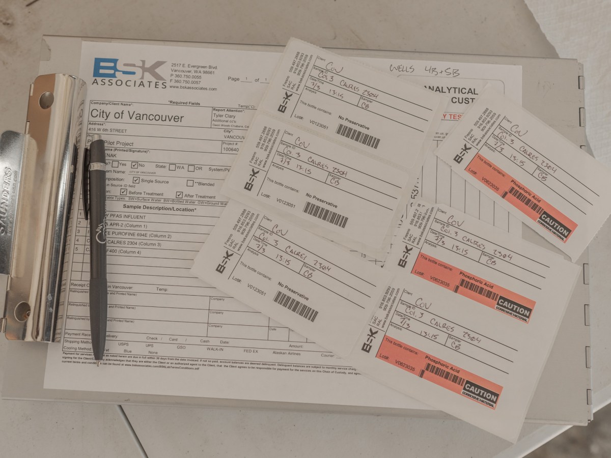 Cole Benak’s log chart and labels for water samples.