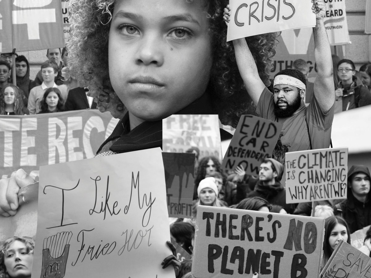 Collage features Juliana v. United States plaintiff Levi Draheim and other young climate protesters.