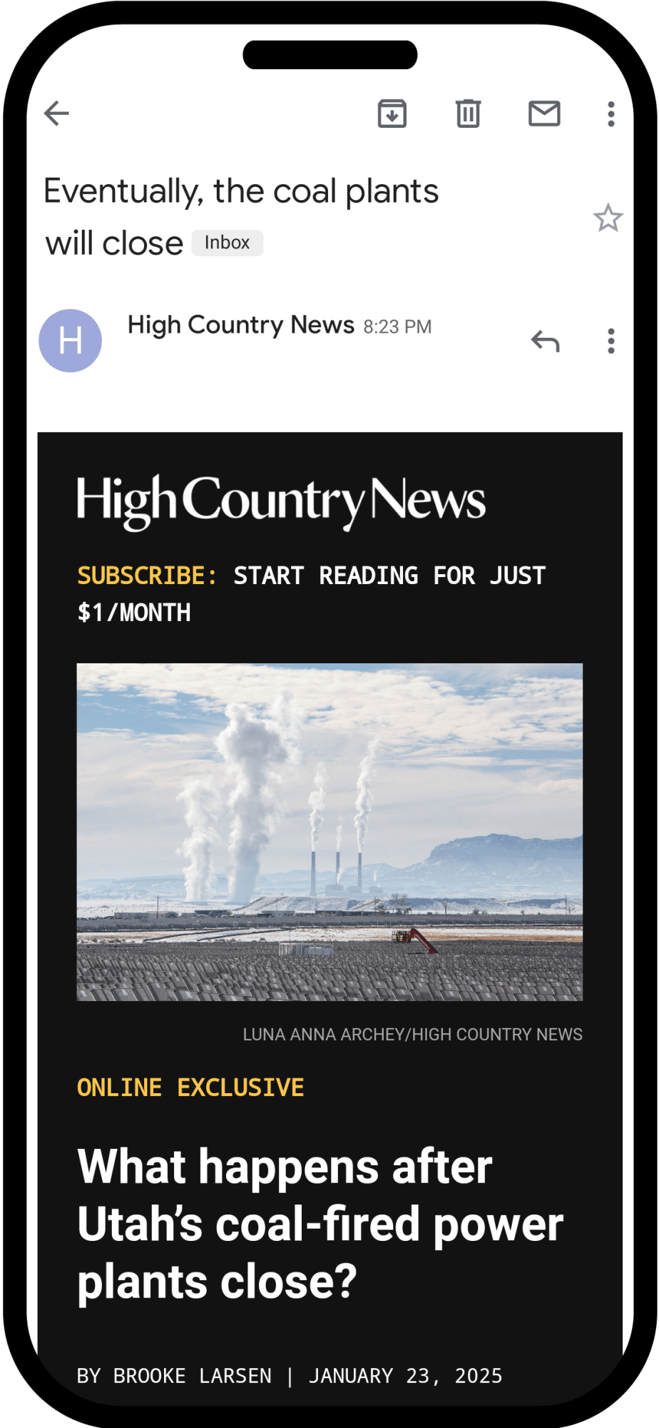 Example of an email newsletter from High Country News viewed from a mobile device